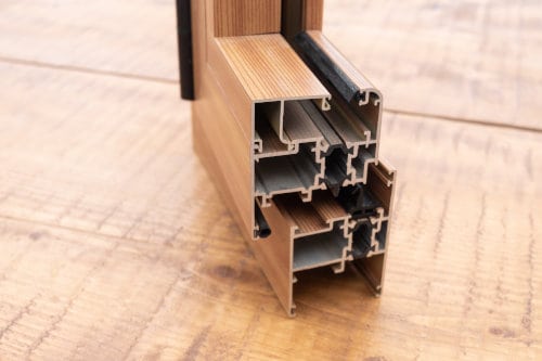Wood look aluminum profiles with polyamide thermal breaks